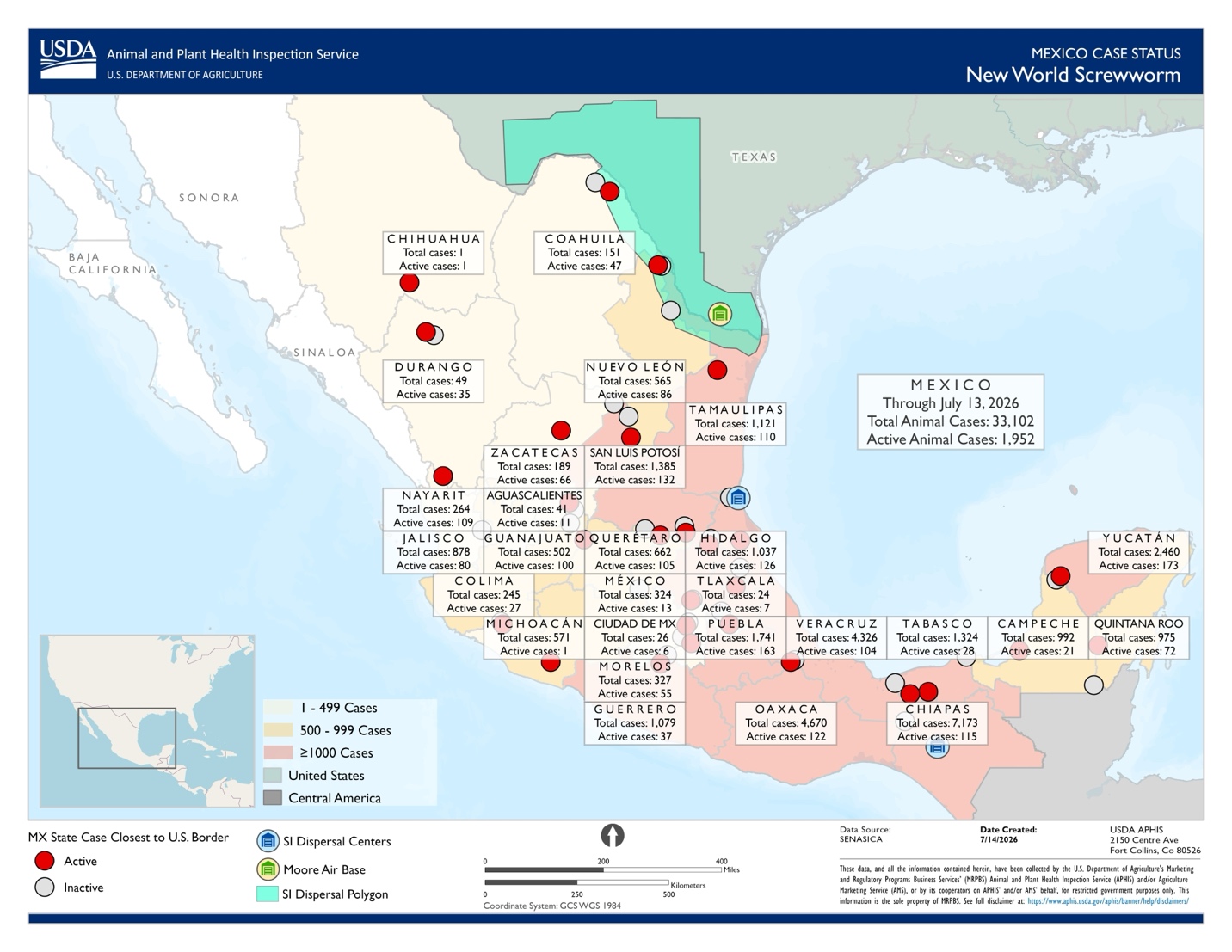 Map of New World screwworm cases in Mexico through March 2026