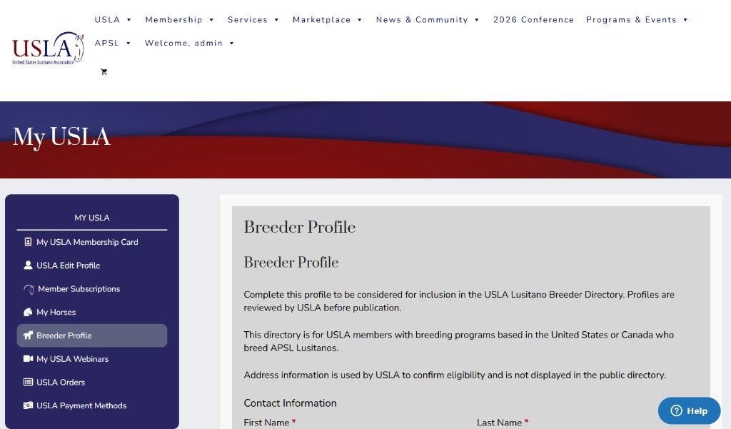 My USLA sidebar with Breeder Profile selected